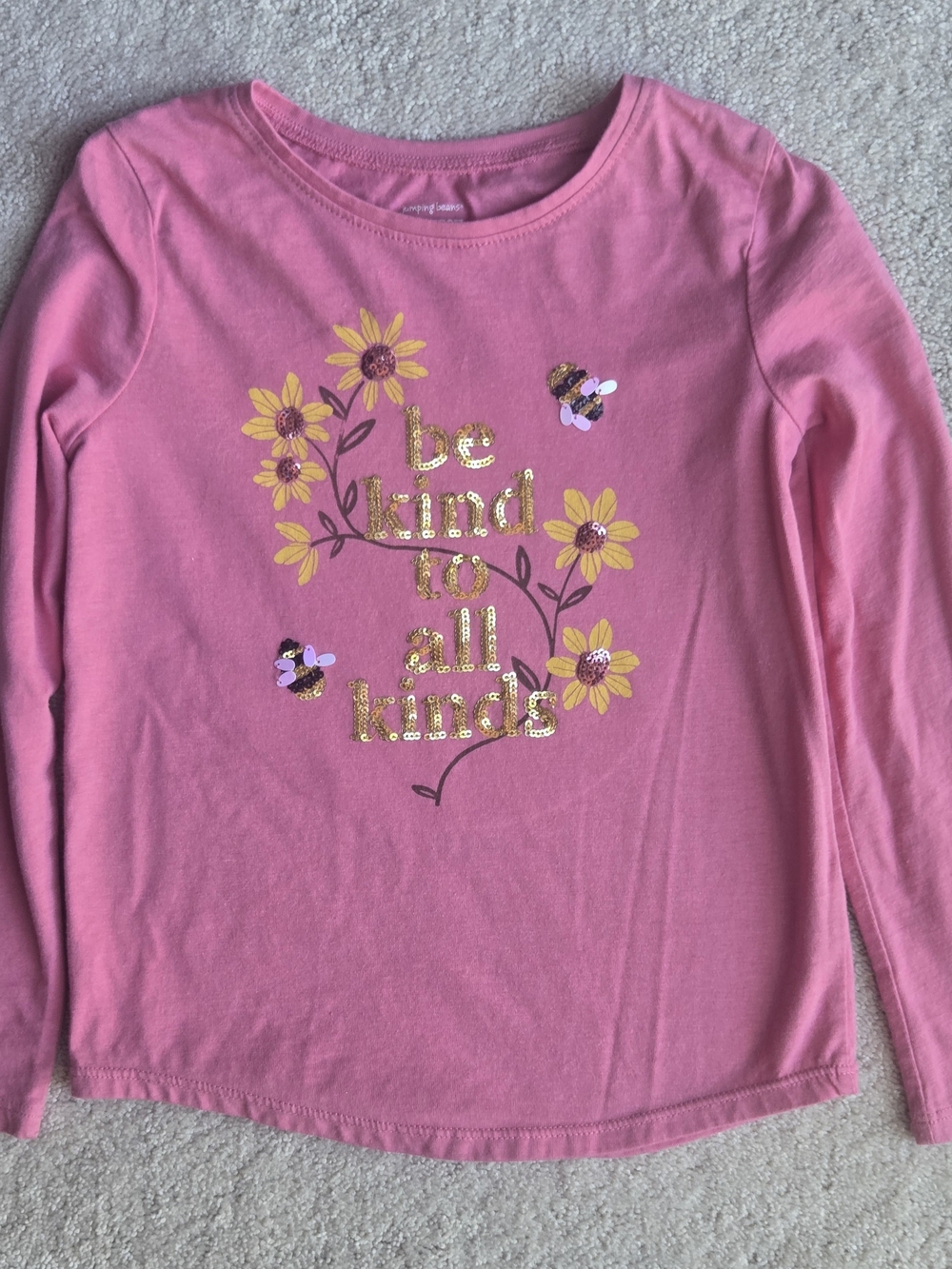 jumping beans Pink Long Sleeve Tee with Yellow Floral & Gold Sequin Text